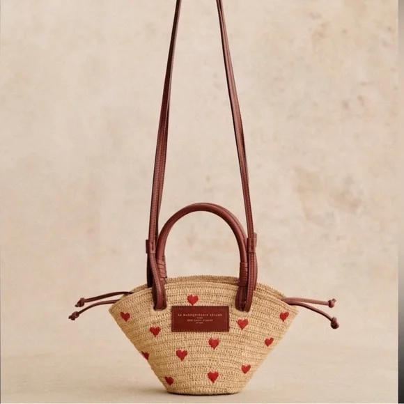 Sézane Justine Mini Basket Bag in Raffia Heart Embroidery NWT - Picture 1 of 11